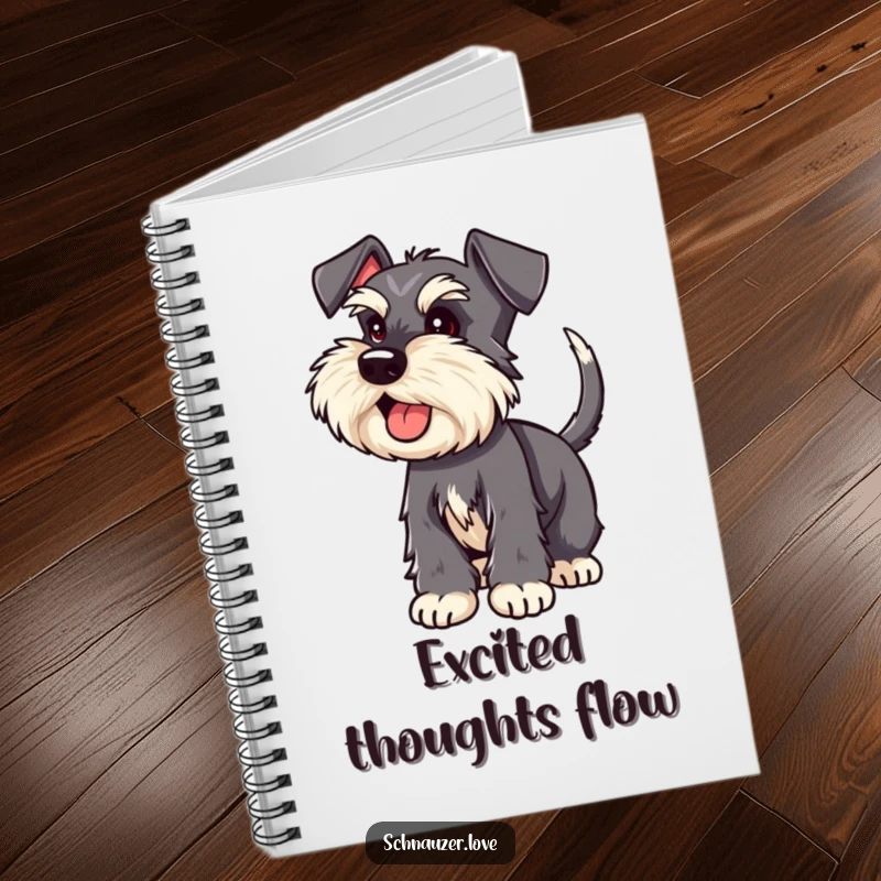 Funny Schnauzer notebook featuring an excited schnauzer with a wagging tail, great for notes.