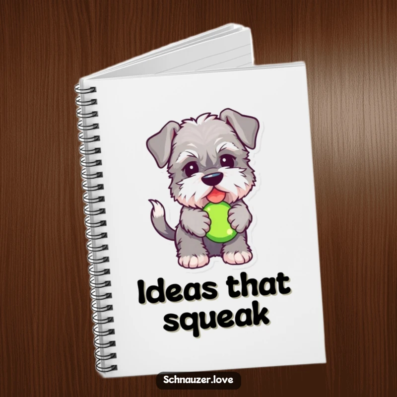 Funny Schnauzer notebook featuring a fluffy dog with a squeaky toy, ideal for note-taking with a touch of canine charm and humor.