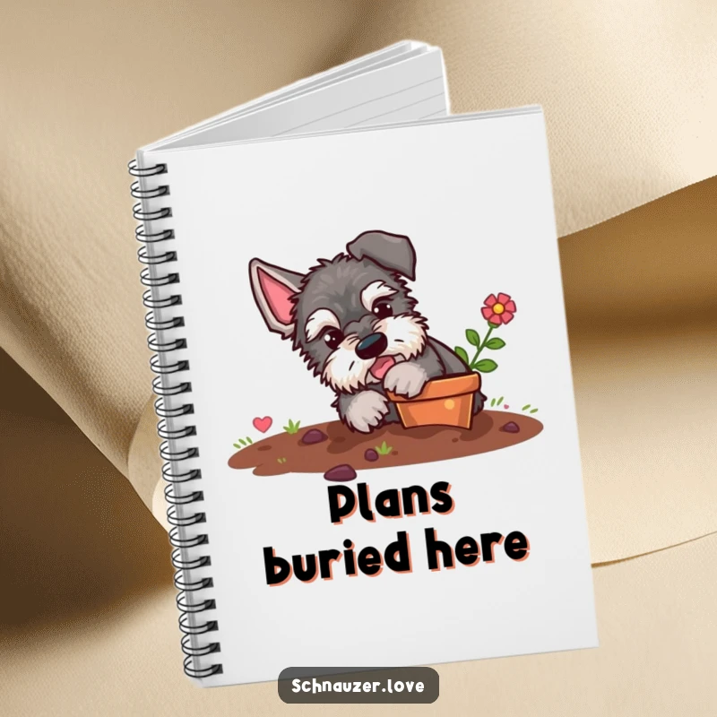 Funny schnauzer notebook, a cover with a fluffy dog playfully digging in a flower pot, perfect for jotting down garden plans.