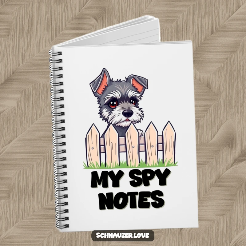 Funny Notebook featuring a small schnauzer with expressive eyes peeking over a fence, ideal for notes and observations.