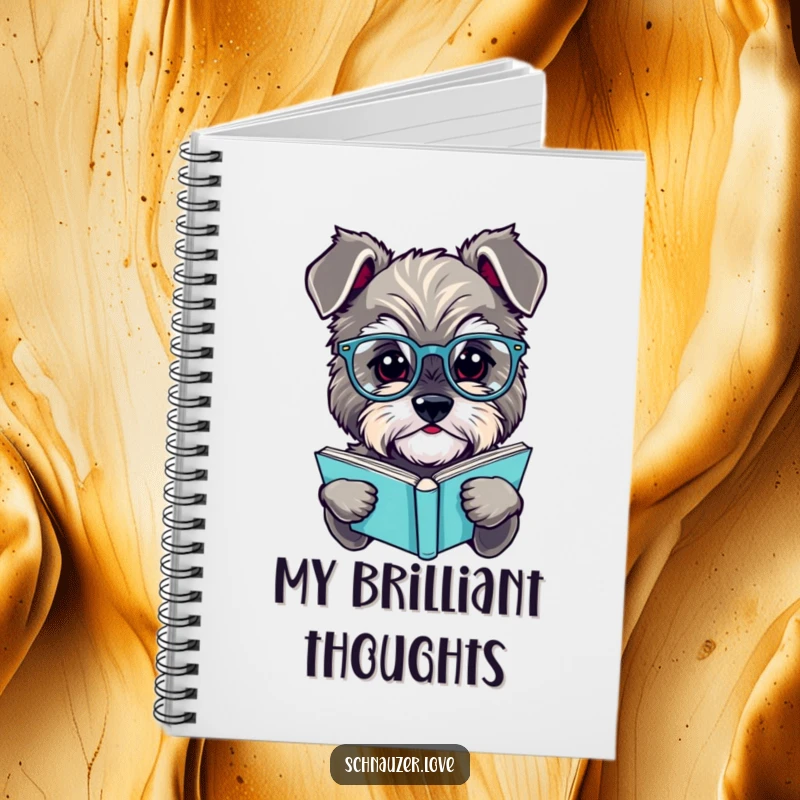 Funny schnauzer notebook, a cover with a fluffy dog in spectacles reading a book, perfect for jotting down smart ideas.