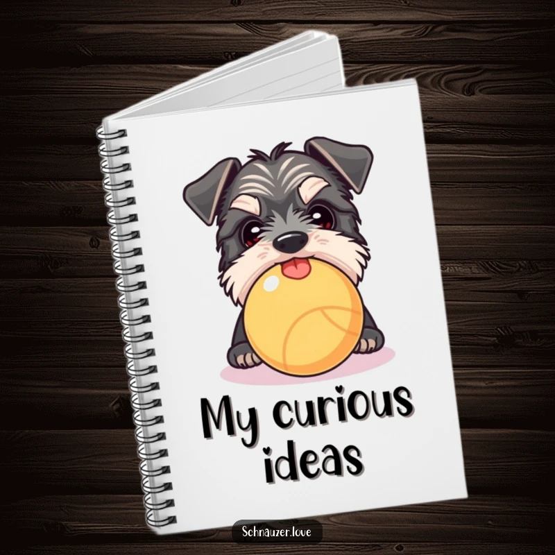 Funny Schnauzer notebook with a dog peeking over a ball, tongue slightly out, perfect for notes.