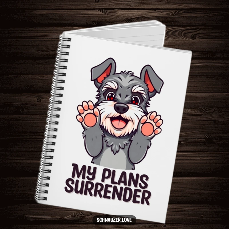 Funny schnauzer notebook with paws up in playful surrender, a happy dog giving up hilariously, for notes and ideas.
