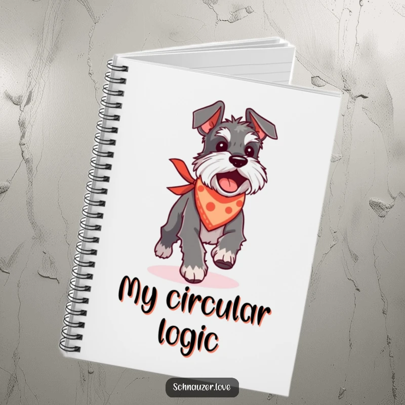 Funny Schnauzer notebook with a dog in a bandana chasing its tail, perfect for notes and doodles.