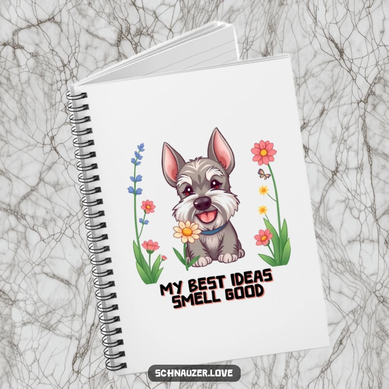 Funny Schnauzer notebook with a cover showing a happy dog sniffing a flower, perfect for notes and humor.