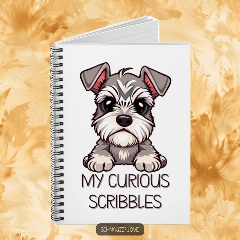 Funny Notebook featuring a cute schnauzer with prominent eyebrows, tilting its head curiously, ideal for note-taking and journaling.