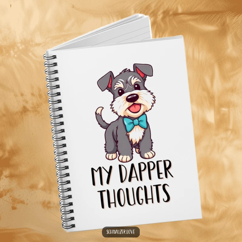 Funny Schnauzer notebook with a dog in a bow tie and wagging tail, perfect for notes and plans.