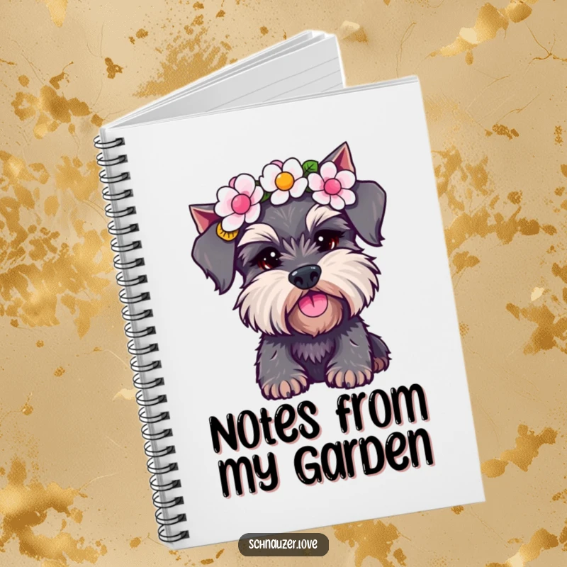 Funny Schnauzer Notebook: A playful schnauzer in a flower crown, shaking its head. A cute and funny journal for dog lovers.