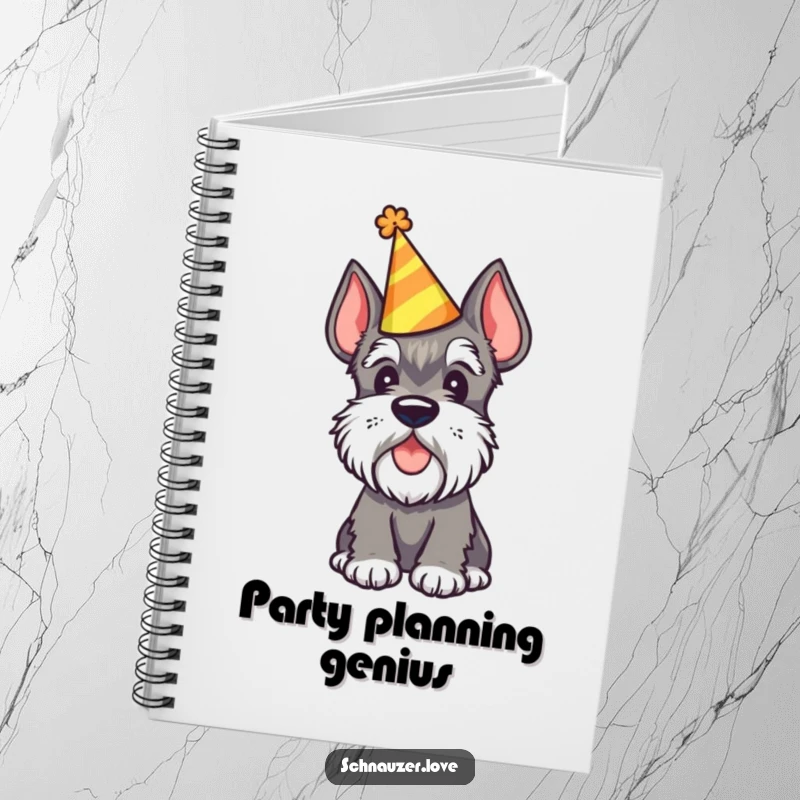 Funny Schnauzer Notebook showing a schnauzer wearing a party hat and tilting its head, ideal for jotting down festive ideas.
