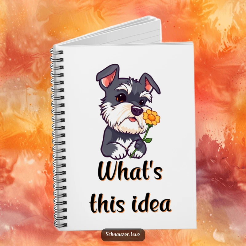 Funny schnauzer notebook with head tilted curiously sniffing a flower icon, an adorable and inquisitive dog, for notes.