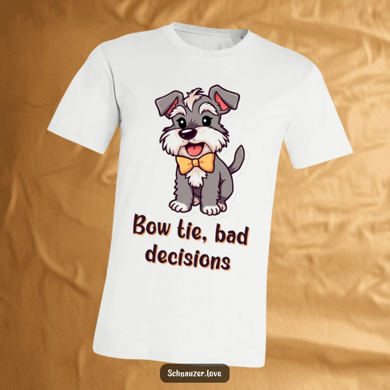 Funny Schnauzer T-Shirt: An excited schnauzer wearing a bow, wagging its tail with uncontainable joy, a hilarious gift for dog enthusiasts.