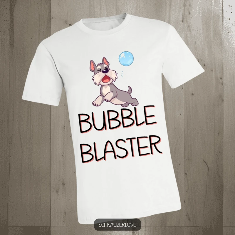 Funny t-shirt featuring a schnauzer dog leaping joyfully to catch a floating iridescent bubble.