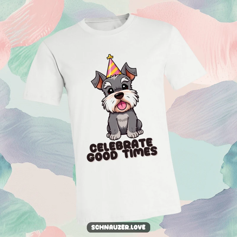 Funny t-shirt graphic of a schnauzer character sporting a party hat, tilting its head in a festive and endearing manner.