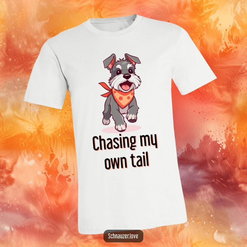 Funny Schnauzer t-shirt depicting a dog in a bandana excitedly chasing its tail in a dizzying, humorous spiral.