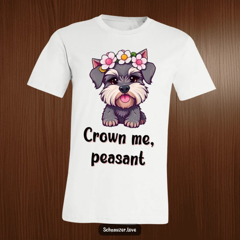 Funny Schnauzer T-Shirt: A happy dog wearing a flower crown, shaking its head in a playful manner. Great funny gift for dog lovers.