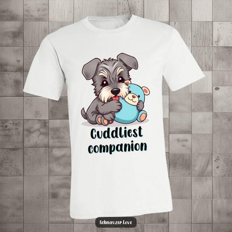 Funny T-Shirt: A happy schnauzer with floppy ears is shown affectionately cuddling a plush toy, capturing pure canine joy.
