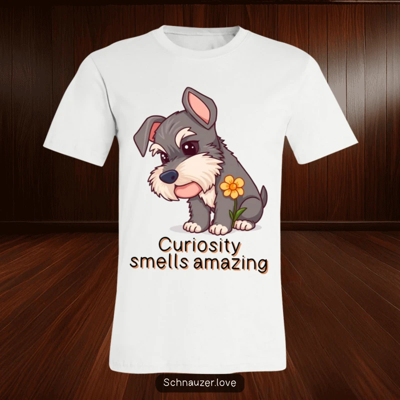 Funny Schnauzer T-Shirt depicting a curious dog intently sniffing a delicate flower, symbolizing gentle exploration and appreciation.