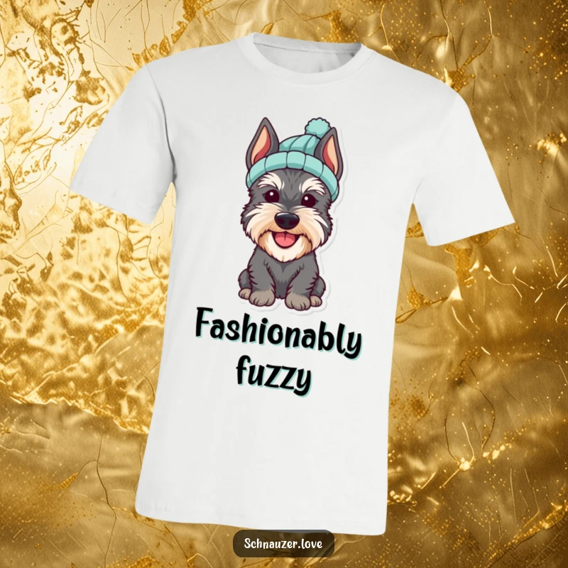 Funny Schnauzer T-Shirt of a cheerful dog happily wearing a tiny, knitted hat, looking absolutely delightful.
