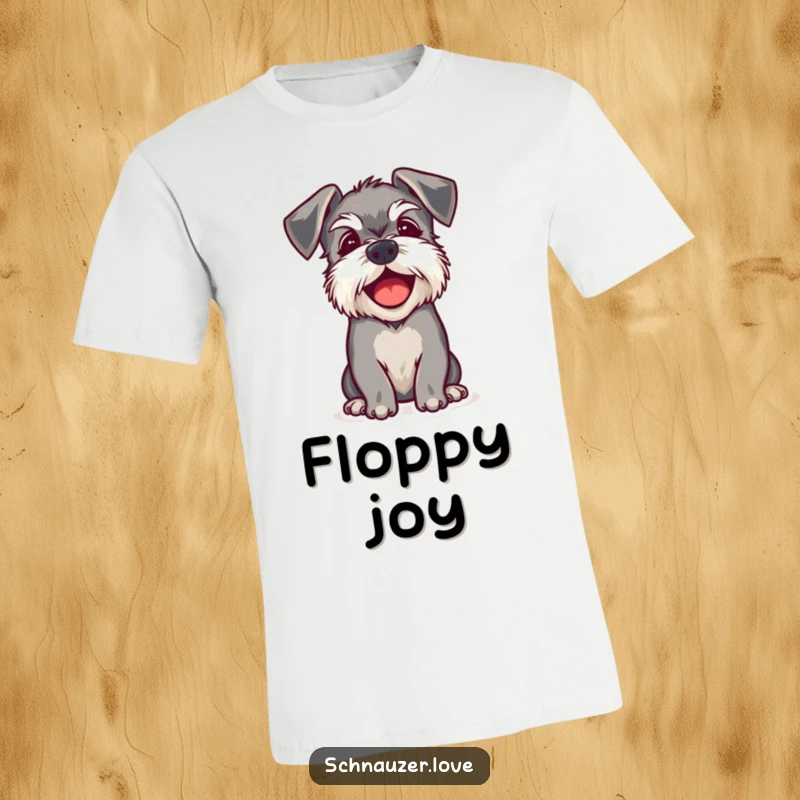 Funny t-shirt depicting a schnauzer with endearing floppy ears barking with immense happiness, illustrating a cheerful canine spirit.