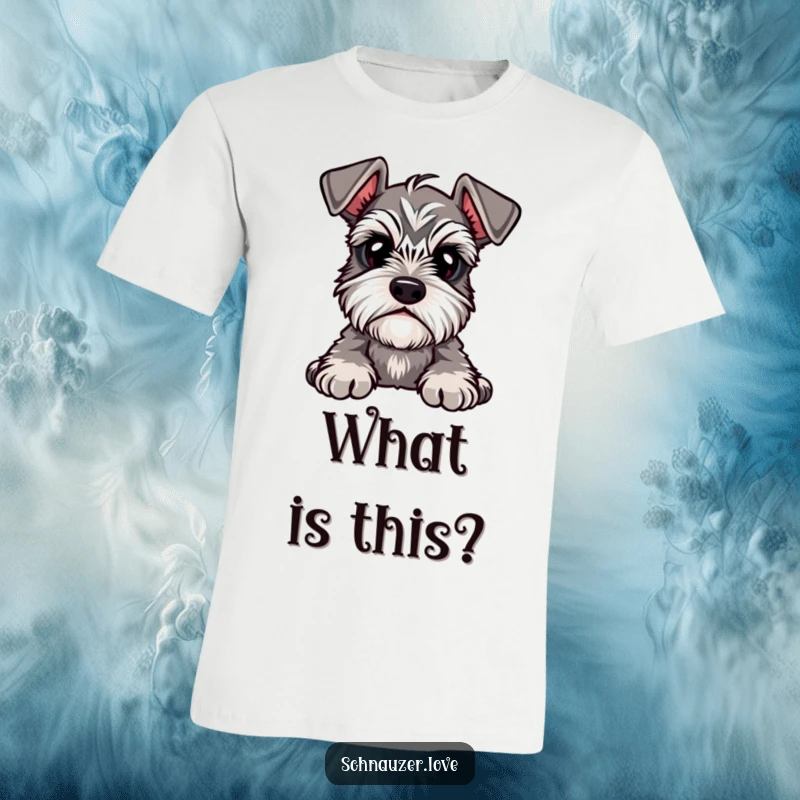 Funny T-Shirt featuring a cute schnauzer with prominent eyebrows, tilting its head in a moment of adorable curiosity.
