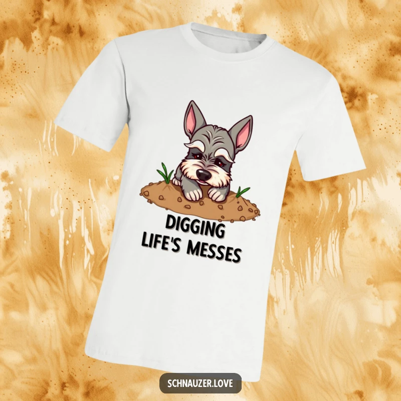Funny Schnauzer T-Shirt: Schnauzer with expressive eyebrows digging dirt, capturing a humorous and naughty canine moment.