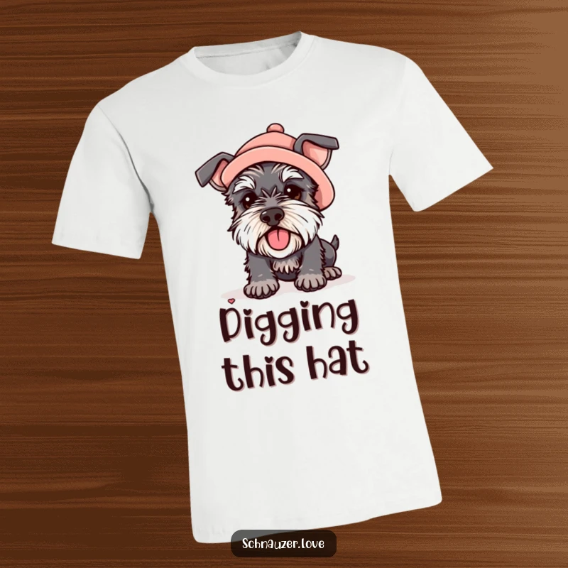 Funny t-shirt depicting a schnauzer wearing a small hat while digging with great enthusiasm, illustrating a humorous hobby.