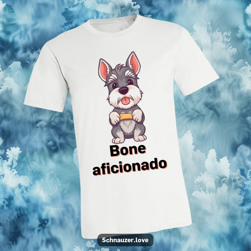 Funny Schnauzer t-shirt featuring a proud schnauzer triumphantly holding a small bone, a humorous gift for dog lovers.