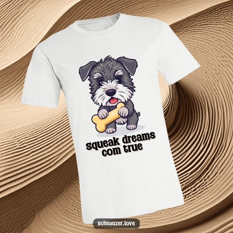 Funny Schnauzer T-Shirt: Fluffy schnauzer joyfully fetching a bone toy, capturing playful energy and a funny moment.
