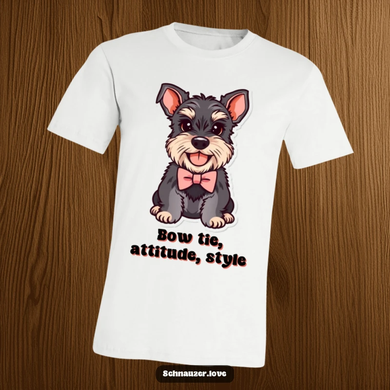 Funny Schnauzer T-Shirt with a smiling dog sporting a miniature bowtie, making a fashionable and humorous statement.