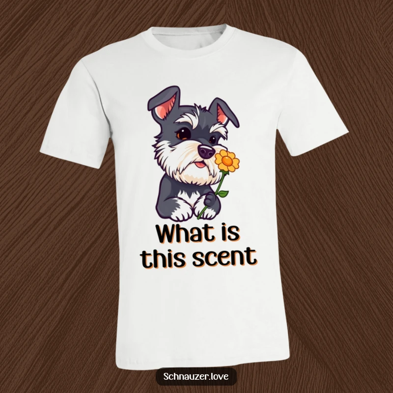 Funny schnauzer t-shirt with head tilted curiously sniffing a flower icon, an adorable and inquisitive dog, cute tee.