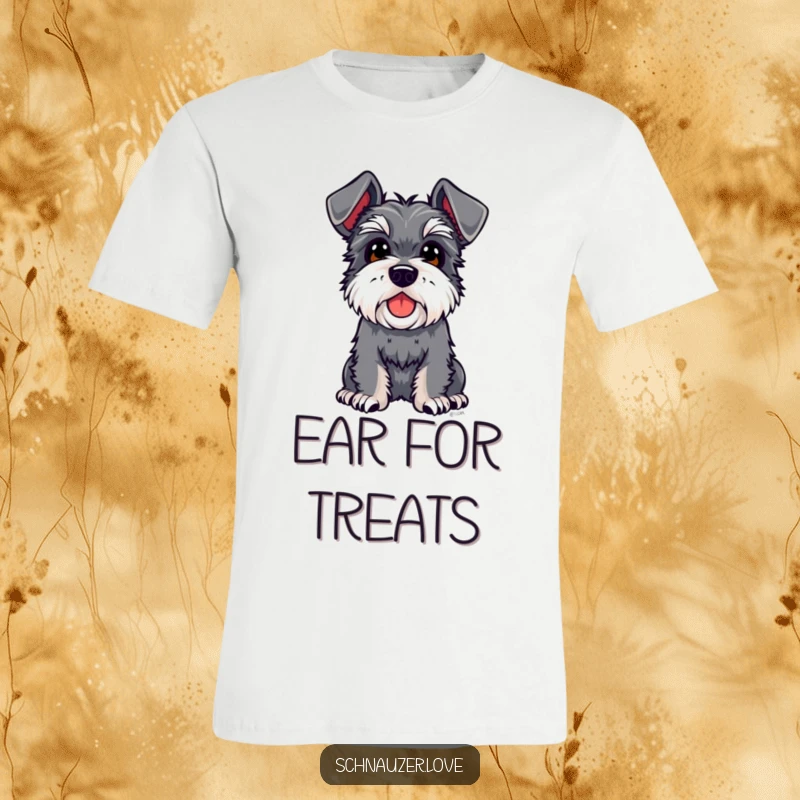 Funny Schnauzer T-Shirt: A cute schnauzer with big floppy ears gazes upward curiously, embodying playful intrigue.