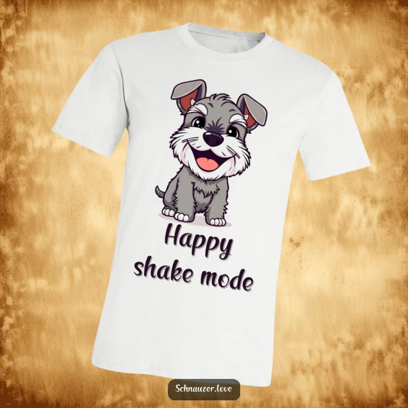 Funny T-Shirt: A schnauzer beams with a happy grin while shaking its entire body, capturing a moment of pure, uninhibited fun.