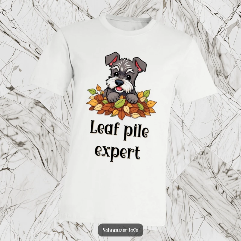 Funny Schnauzer T-Shirt: Features a schnauzer playfully digging deep into a pile of autumn leaves, perfect for fall.