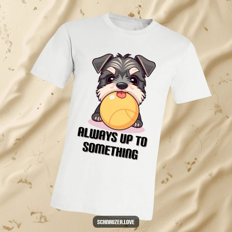 Funny Schnauzer t-shirt depicting a curious dog peeking over a ball, tongue slightly out, ready for playtime.