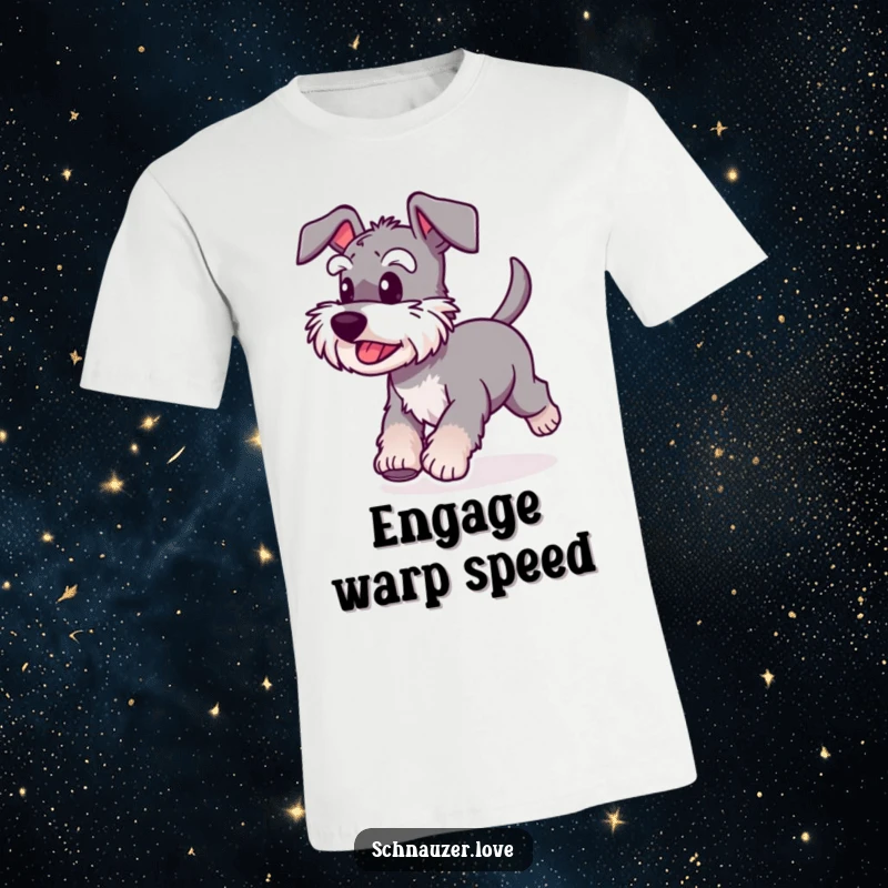 Funny Schnauzer T-Shirt depicting a happy dog with a furiously wagging tail, sprinting forward with boundless energy.