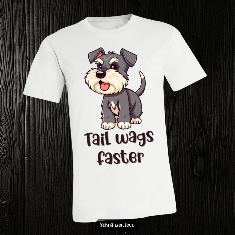 Funny Schnauzer t-shirt with a schnauzer displaying an excited wagging tail, a humorous present for dog fans.
