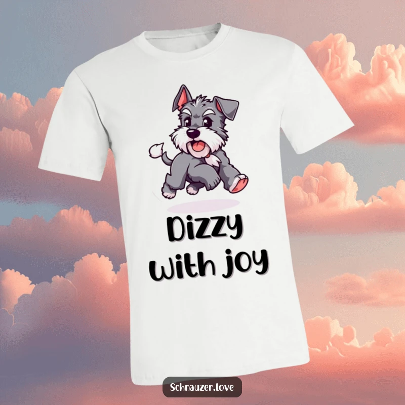 Funny Schnauzer t-shirt featuring a playful dog comically chasing its tail in a circular motion, capturing pure doggy energy and lighthearted fun.