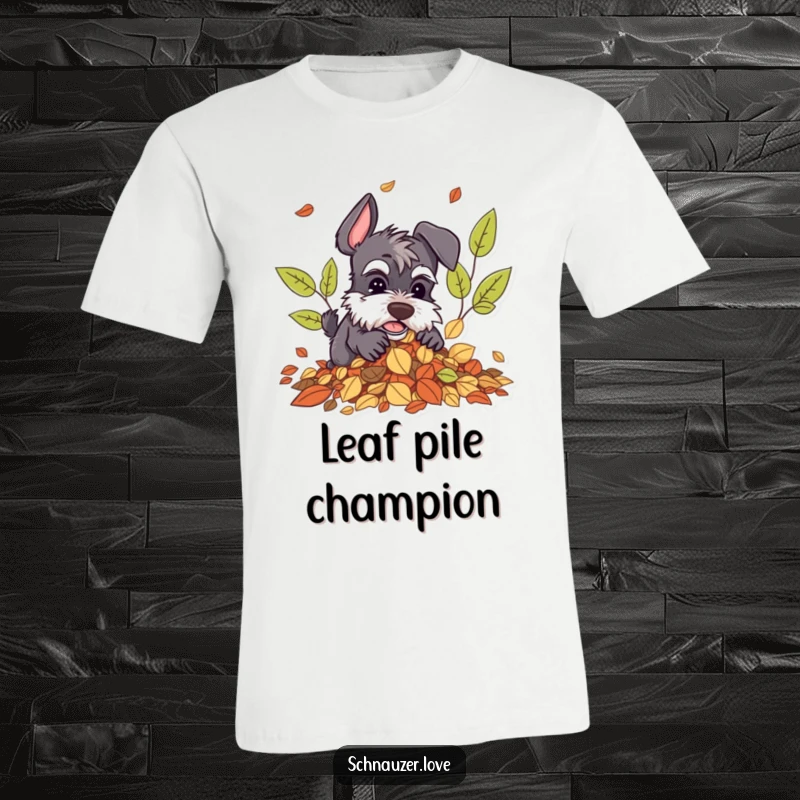 Funny Schnauzer T-Shirt: Schnauzer character happily digging in a pile of colorful autumn leaves, perfect for outdoor fun.