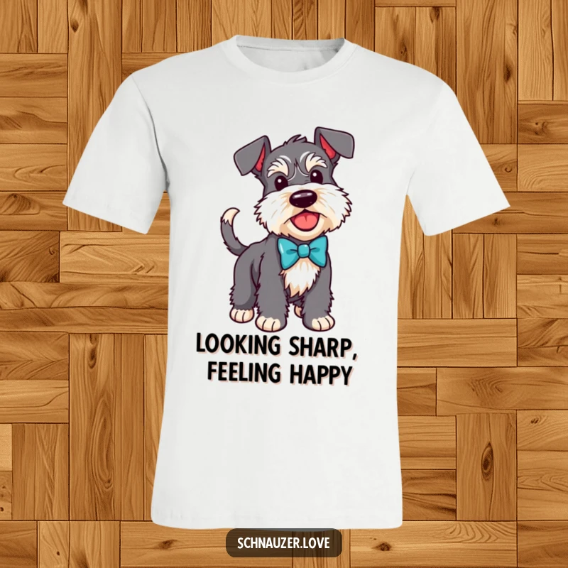 Funny Schnauzer t-shirt depicting a happy dog wearing a bow tie, tail wagging enthusiastically, embodying dapper fun.