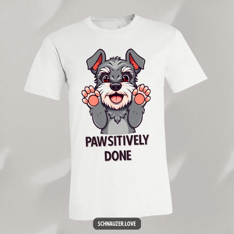 Funny schnauzer t-shirt with paws up in playful surrender, a happy dog hilariously giving up, great for dog moms.