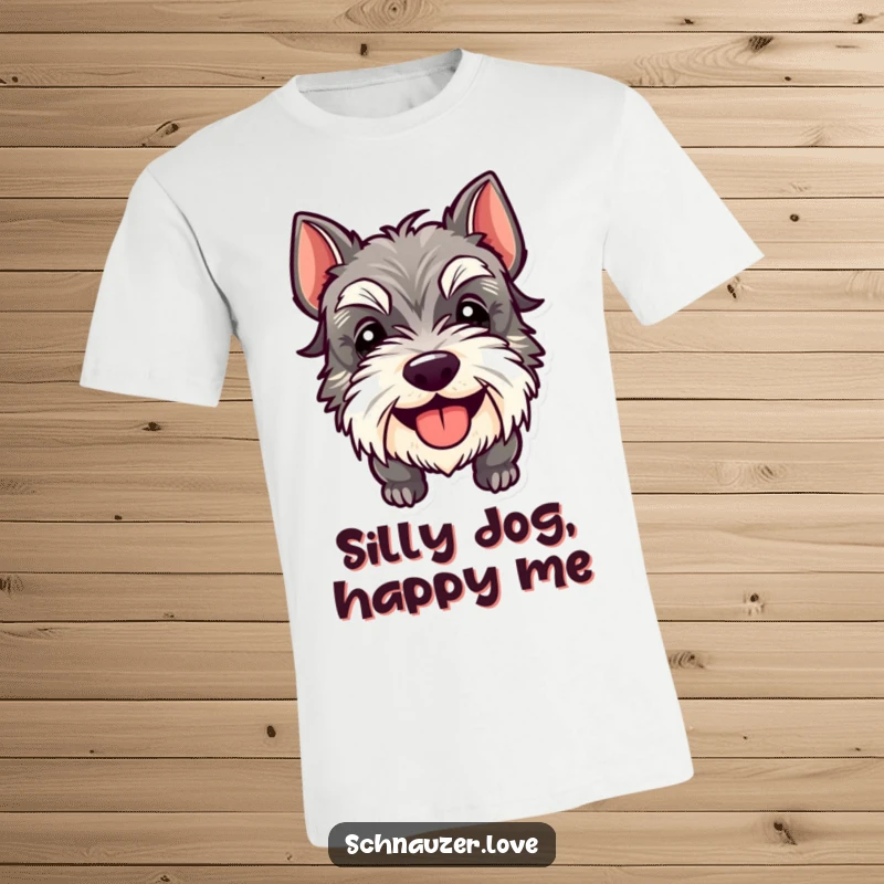 Funny Schnauzer T-Shirt depicting a happy dog with its tongue playfully sticking out, capturing a moment of pure canine fun.