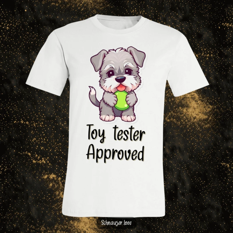 Funny Schnauzer t-shirt featuring a fluffy dog with a wagging tail, holding a squeaky toy, capturing pure doggy delight and playful energy.