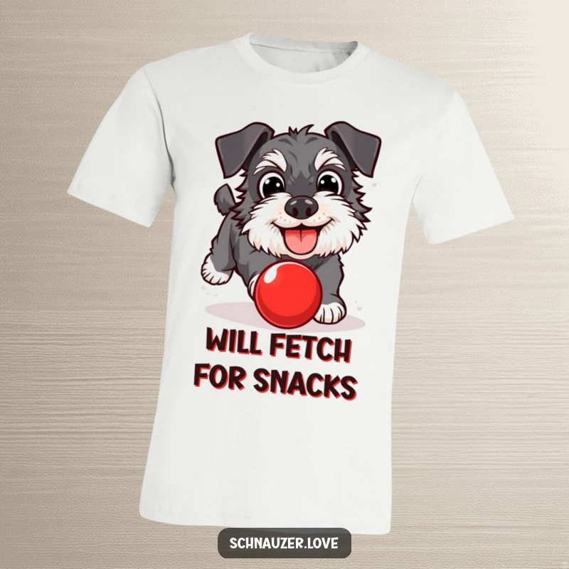 Funny Schnauzer T-Shirt: A delighted dog with big eyes, chasing a red ball. A fun and humorous tee, a great funny gift.