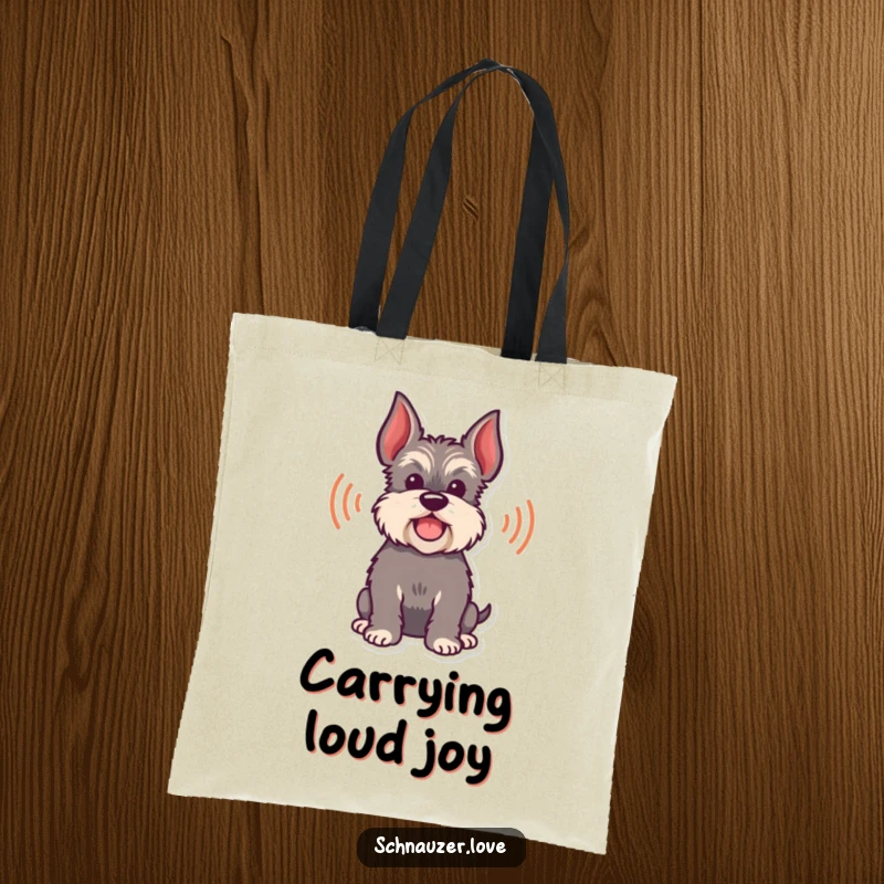 Funny Tote Bag displaying a happy schnauzer silhouette with sound waves indicating a playful, joyous bark.