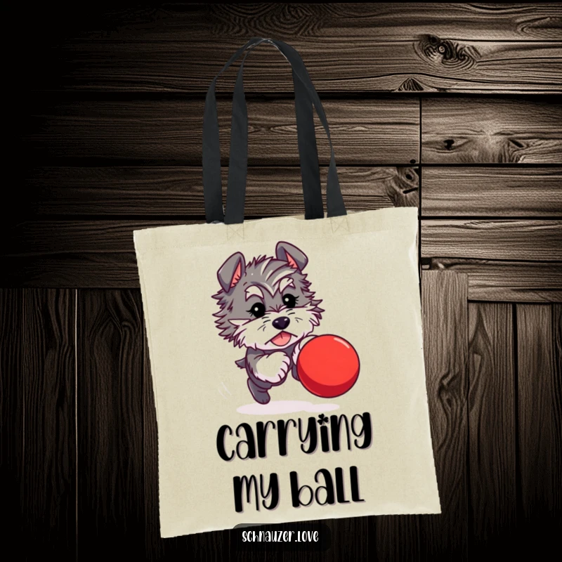 Funny tote bag illustration of a fluffy schnauzer character enthusiastically chasing a bright red, bouncing ball, showcasing pure doggy joy.