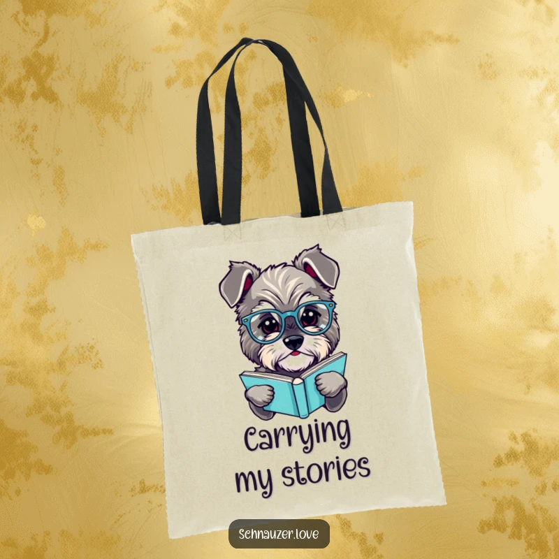 Funny schnauzer tote bag, a fluffy dog in spectacles reading a book, perfect for carrying library books with a humorous touch.