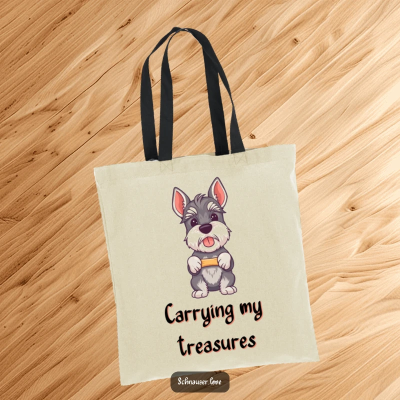 Funny Schnauzer tote bag depicting a proud schnauzer holding a bone, a stylish and humorous accessory.