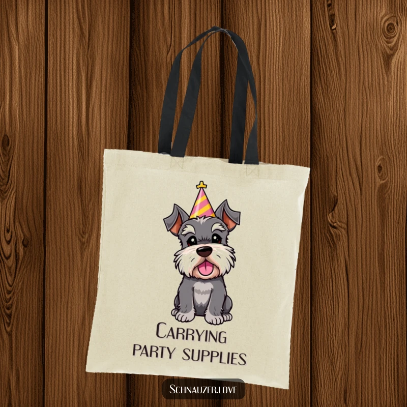 Funny tote bag illustration of a schnauzer character wearing a party hat, tilting its head inquisitively, ready for any celebration.