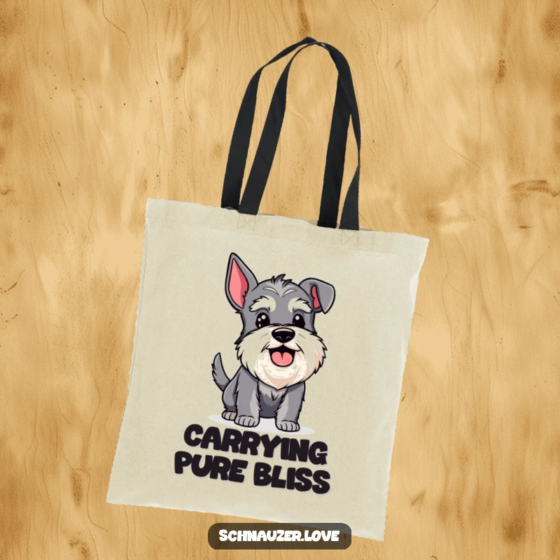 Funny Schnauzer Tote Bag: Bearded schnauzer joyfully panting and wagging its tail, a humorous accessory for dog lovers.