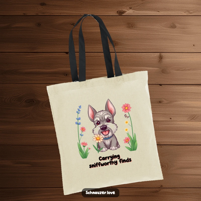 Funny Schnauzer tote bag featuring a cheerful dog sniffing a flower, ideal for carrying groceries or daily items with humor.